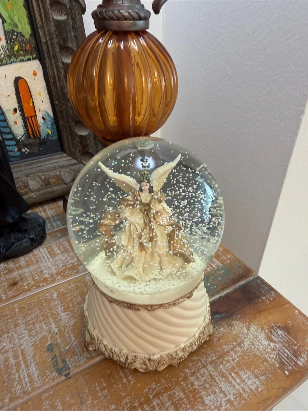 Cream and Gold Angel Musical Snow Globe Holiday Decor